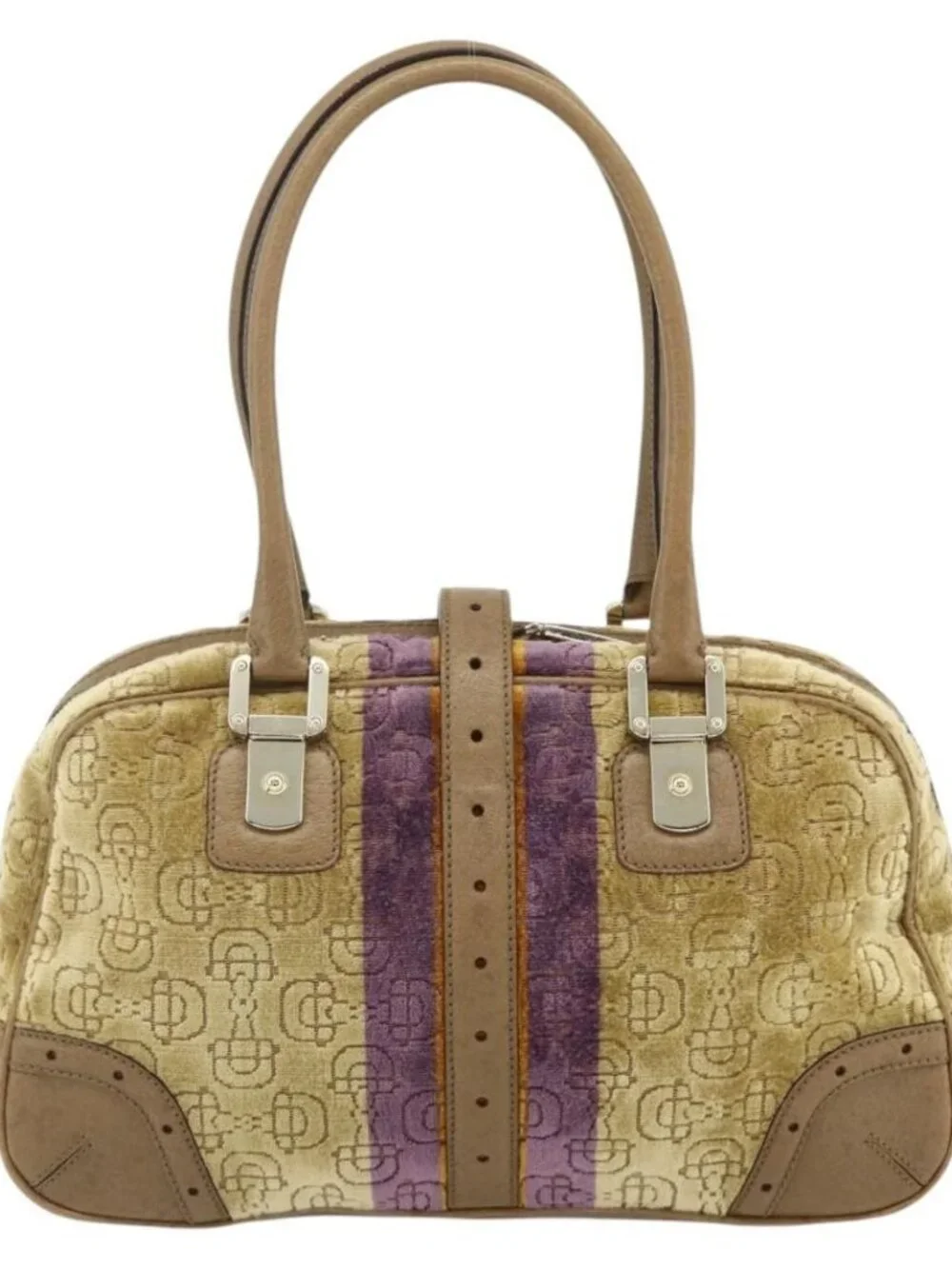 GUCCI Horsebit Boston Bag Velor Gold Beige 145770 Auth 176490V